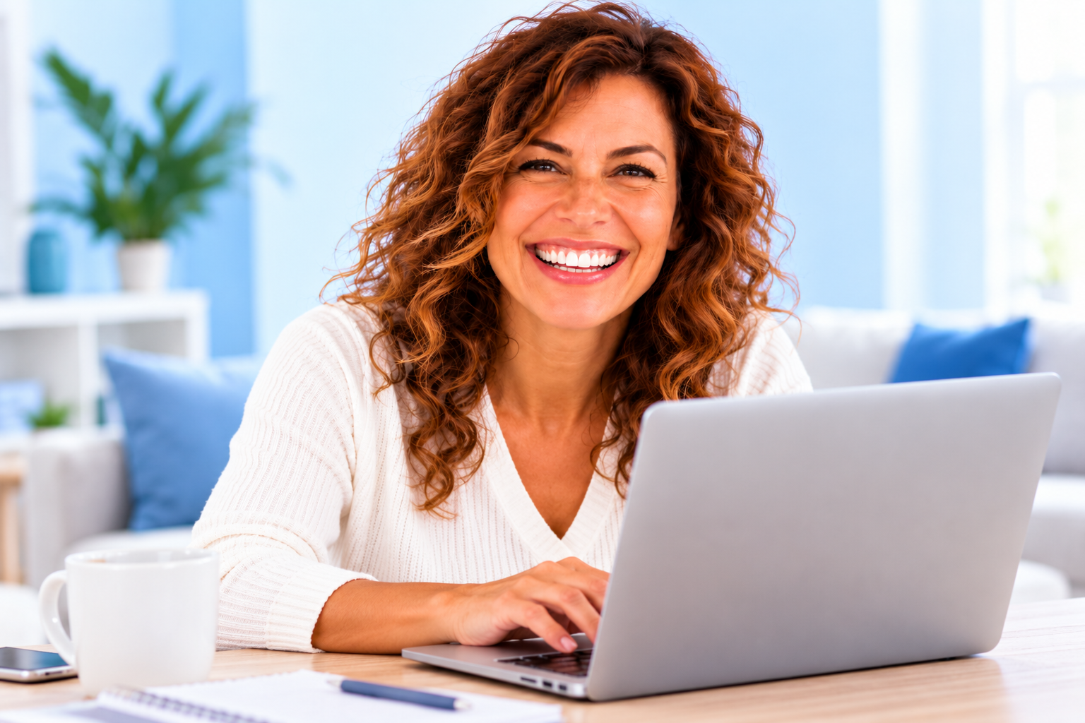 Mujer utilizando un portátil con Internet 5G en casa